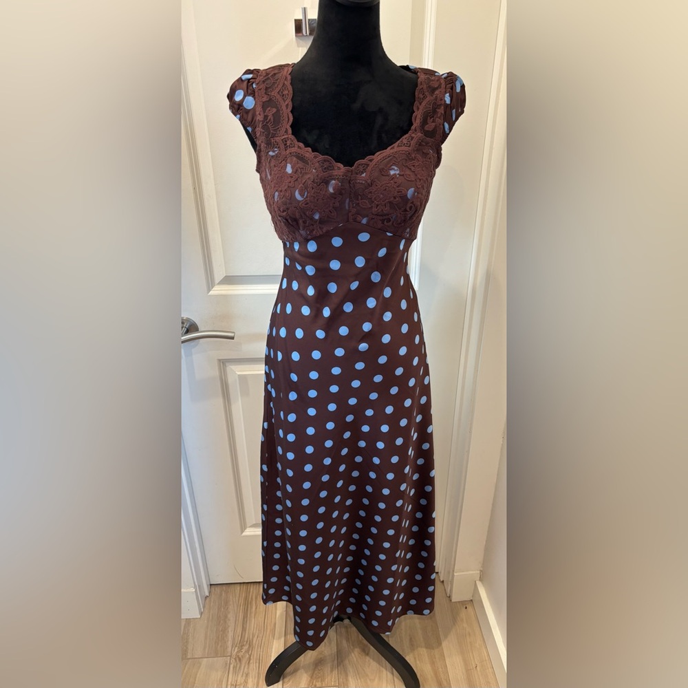 NWOT Brown & Blue Polka Dot Satin and Lace Dress - XS